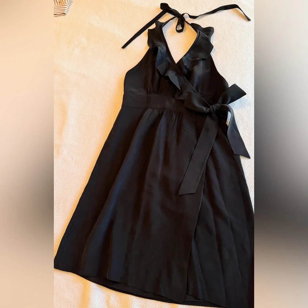 TIBI 100% Silk Little Black Ruffle Mini Dress Halter Neck Bow Waist ❗️550 MSRP❗️